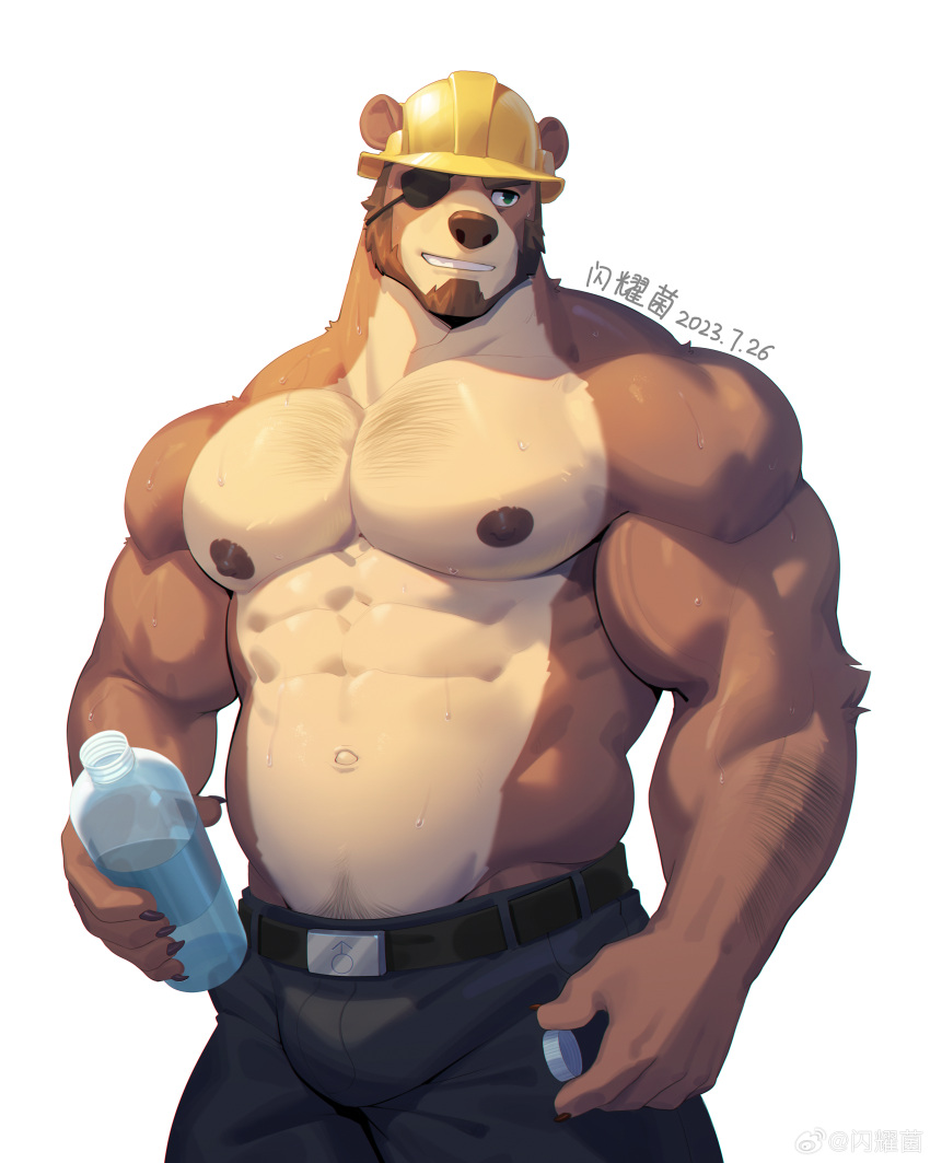 1boy abs absurdres animal_ears bara bear_boy bear_ears bottle brown_fur bulge construction_worker cowboy_shot eyepatch furry furry_male hairy hard_hat helmet highres large_pectorals looking_at_viewer male_focus muscular muscular_male navel nipples original pectorals shan_yao_jun short_hair solo sparse_arm_hair sparse_chest_hair sparse_navel_hair stomach strongman_waist sweat thick_eyebrows topless_male water_bottle white_background