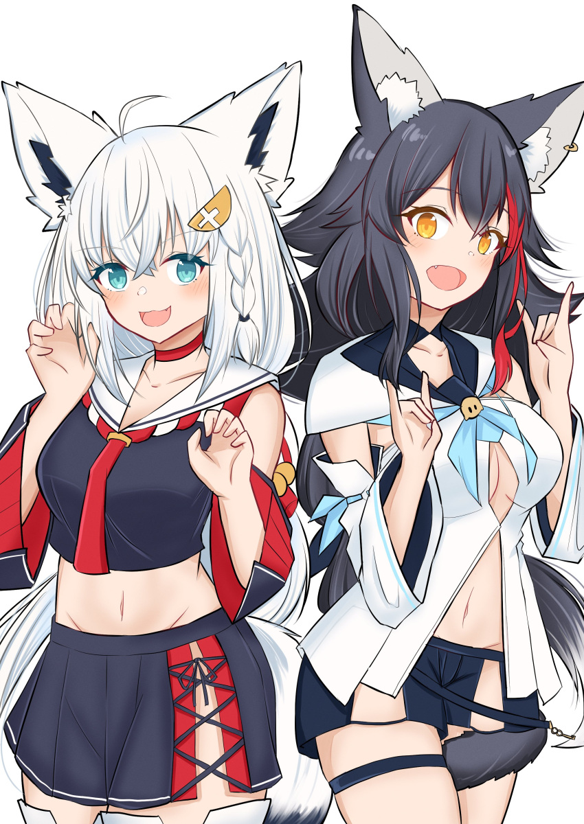2girls :d absurdres ahoge animal_ear_fluff animal_ears aqua_eyes bell black_hair black_serafuku black_shorts black_skirt black_sleeves blue_neckerchief blush braid breasts choker claw_pose commentary_request cosplay costume_switch cropped_shirt cross-laced_slit detached_sleeves double-parted_bangs double_fox_shadow_puppet earrings fang flipped_hair fox_ears fox_girl fox_shadow_puppet fox_tail front_slit hair_between_eyes hair_ornament hairclip hands_up highres hololive hood hooded_vest hoodie jewelry jingle_bell long_hair long_sleeves looking_at_viewer medium_breasts midriff_peek miniskirt morishi2000 multicolored_hair multiple_girls navel neckerchief necktie ookami_mio ookami_mio_(1st_costume) open_mouth pleated_skirt red_choker red_hair red_necktie sailor_collar school_uniform serafuku shirakami_fubuki shirakami_fubuki_(1st_costume) shirt short_shorts shorts side_braid side_slit sidelocks simple_background single_earring skirt smile spiked_hair streaked_hair tabi tail tail_around_own_leg tail_wrap thigh_strap thighhighs thighs v-shaped_eyebrows very_long_hair vest virtual_youtuber white_background white_hair white_sailor_collar white_shirt white_sleeves white_thighhighs wide_sleeves wolf_ears wolf_girl wolf_tail yellow_eyes