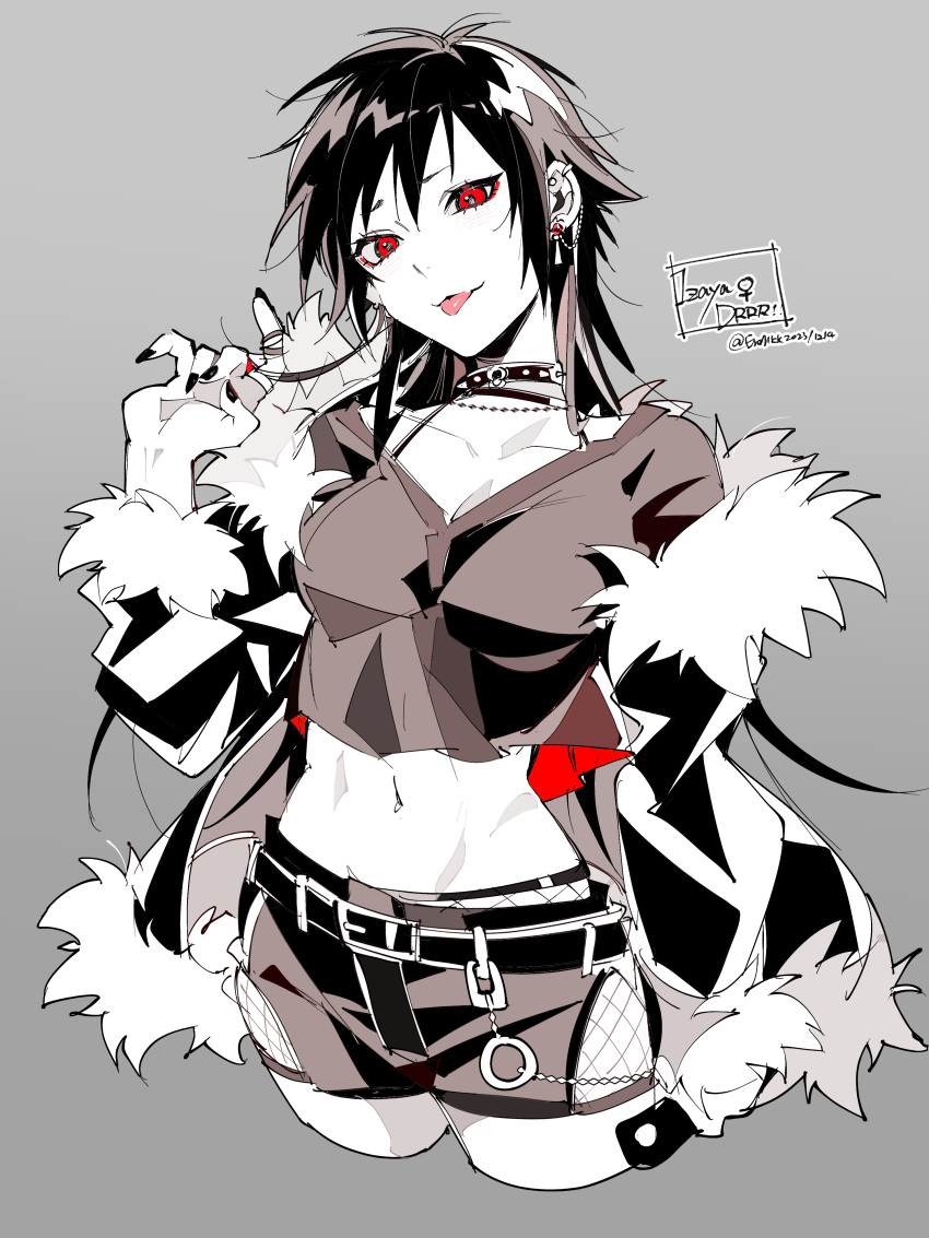 1girl :p absurdres belt black_choker black_hair black_jacket black_nails breasts brown_shirt brown_shorts character_name chinese_commentary choker cleavage collarbone commentary_request cowboy_shot crop_top cropped_legs durarara!! ear_piercing earrings eromkk eyeshadow fishnets fur-trimmed_jacket fur-trimmed_sleeves fur_trim genderswap genderswap_(mtf) grey_background hair_twirling hand_up highres jacket jewelry limited_palette looking_at_viewer makeup medium_hair midriff nail_polish navel off_shoulder open_clothes open_jacket orihara_izaya piercing red_eyes red_eyeshadow shirt shorts signature simple_background smile solo spiked_choker spikes standing tongue tongue_out