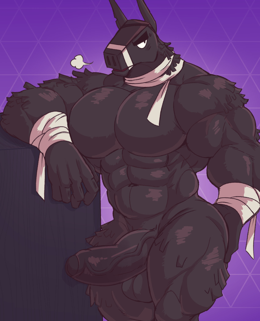 5_fingers abs absurd_res animate_inanimate anthro arm_tuft balls bandage bandaged_arm bandaged_face bandaged_neck bandaged_wrist bandages_only biceps big_abs big_balls big_biceps big_muscles big_penis black_balls black_body black_eye_patch black_eyebrows black_eyewear black_foreskin black_genitals black_nose black_penis bodily_fluids body_tuft breath_cloud camelid epic_games eyebrows fingers foreskin fortnite front_view genitals glistening glistening_body glistening_genitalia hi_res holding_butt juggermelon living_pinata llama lt._john_llama male mammal muscular muscular_anthro muscular_male navel neck_tuft neck_wraps penis pinata pupils purple_background simple_background solo solo_focus sweat sweatdrop thick_eyebrows tuft