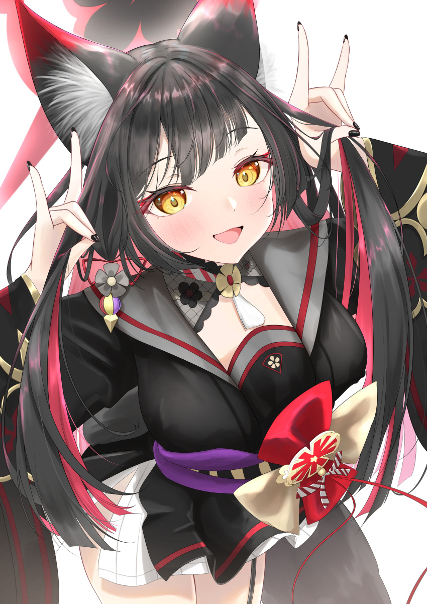 1girl :d absurdres animal_ears black_dress black_hair black_nails blue_archive blush breasts commentary_request double_fox_shadow_puppet dress flower fox_ears fox_girl fox_shadow_puppet fox_tail hair_flower hair_ornament halo hands_up happy highres long_hair looking_at_viewer medium_breasts multicolored_hair nail_polish red_hair red_halo smile solo tail tsuri_pi two-tone_hair very_long_hair wakamo_(blue_archive) yellow_eyes