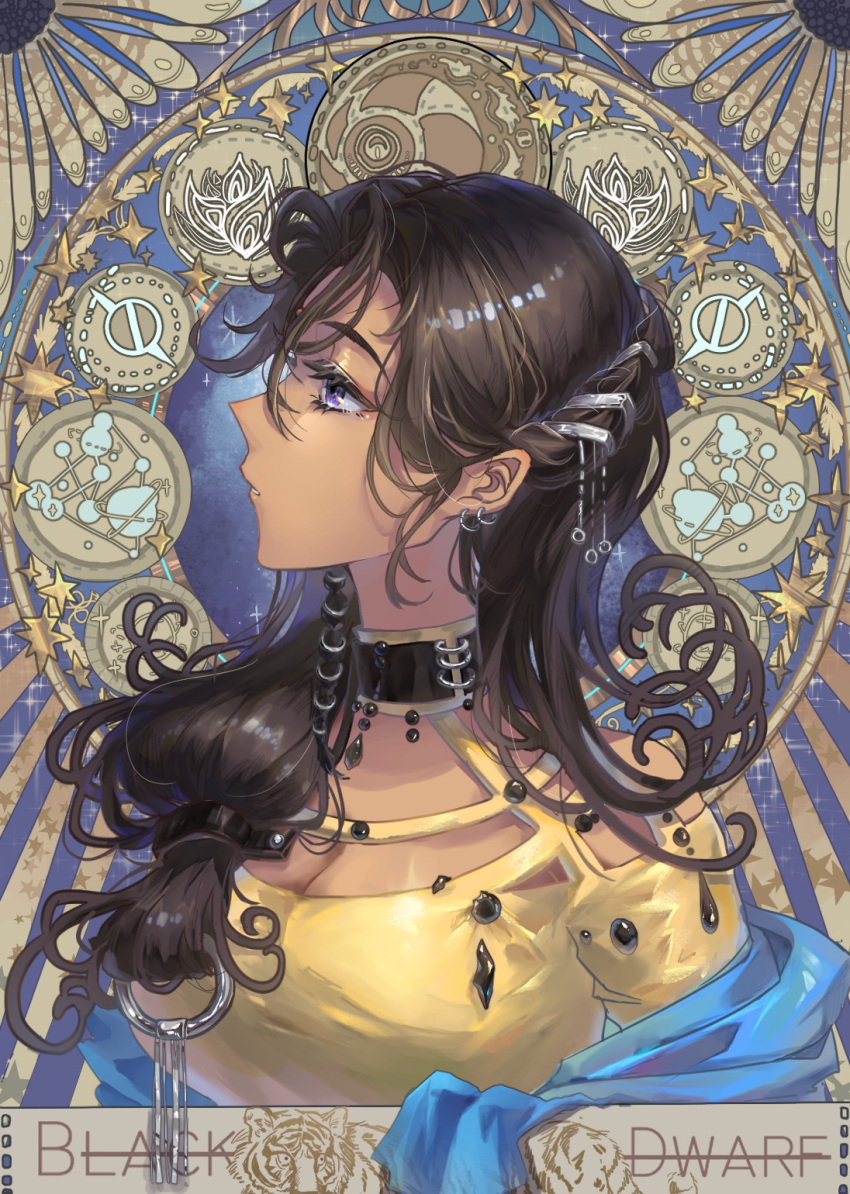 1girl art_nouveau black_choker black_hair blue_coat braid breasts character_name choker cleavage coat dark-skinned_female dark_skin french_braid hair_over_shoulder highres kaalaa_baunaa ko_no_maoyu_da large_breasts long_hair off_shoulder profile purple_eyes reverse:1999 ring_hair_ornament shirt solo turning_head upper_body yellow_shirt