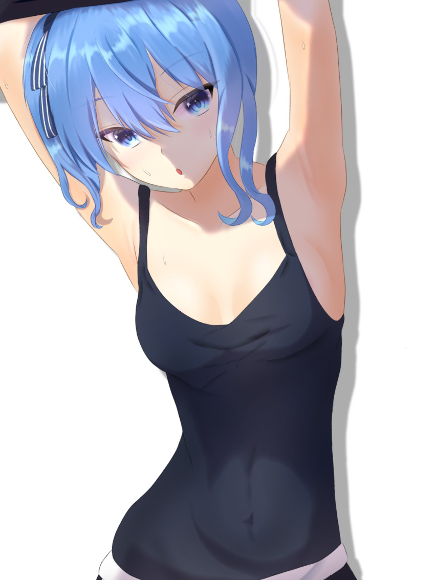 1girl :o armpits arms_up black_tank_top blue_eyes blue_hair breasts covered_navel high_side_ponytail highres hololive hololive_dance_practice_uniform hoshimachi_suisei looking_at_viewer open_mouth rain_lambda small_breasts solo star_(symbol) star_in_eye sweat symbol_in_eye tank_top virtual_youtuber