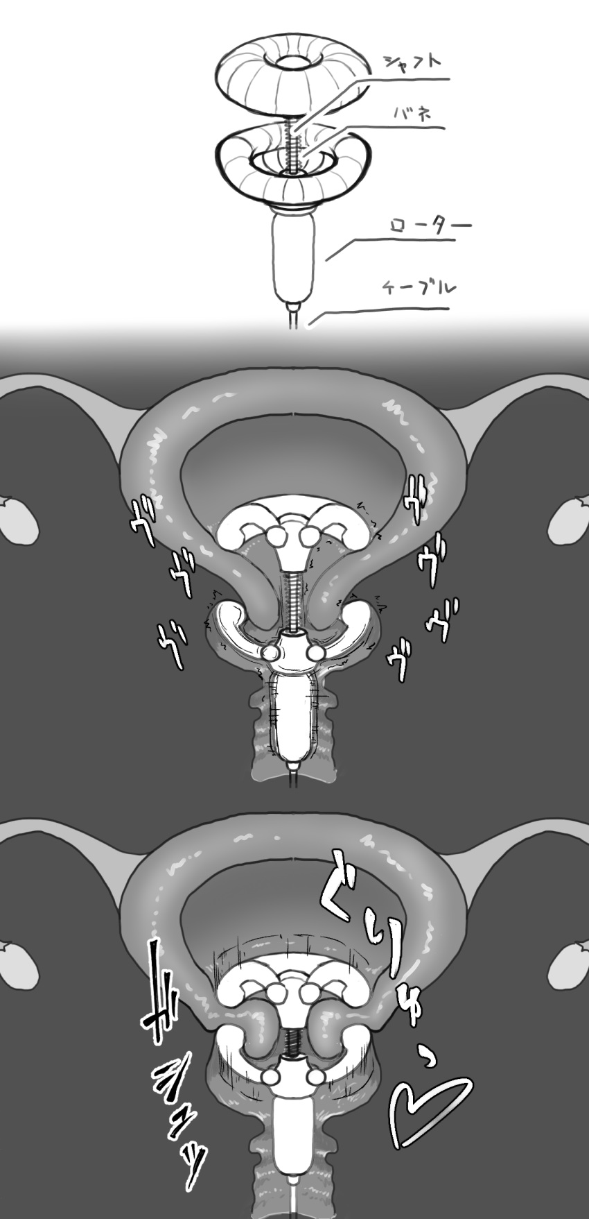 absurdres anatomy cable cervix commentary cross-section daniel001raven diagram fallopian_tubes grey_background greyscale heart highres monochrome original ovaries rotor sex_toy spring_(object) translated uterus vibrator white_background