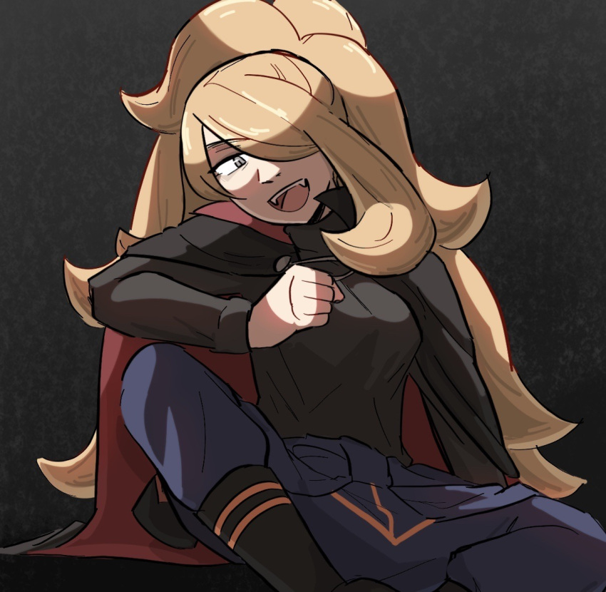 1girl black_background black_footwear blonde_hair boots cape clenched_hand cosplay cynthia_(pokemon) fangs gradient_background grey_eyes hair_over_one_eye lance_(pokemon) lance_(pokemon)_(cosplay) looking_at_viewer open_mouth pokemon pokemon_dppt pokemon_hgss random_minty sitting solo