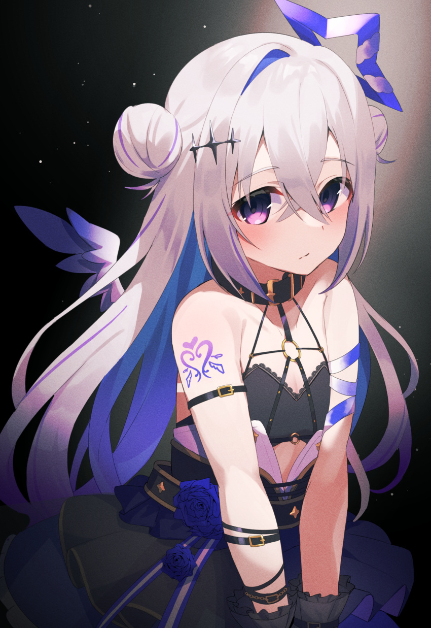1girl amane_kanata amane_kanata_(another_world) angel angel_wings arm_tattoo black_bra black_collar black_gloves black_skirt blue_hair bra breasts chest_harness collar double_bun fragir gloves grey_hair hair_bun halo harness heart heart_tattoo highres hololive lace-trimmed_bra lace_trim looking_at_viewer o-ring o-ring_harness official_alternate_costume purple_eyes skirt small_breasts star_halo tattoo underwear virtual_youtuber wings