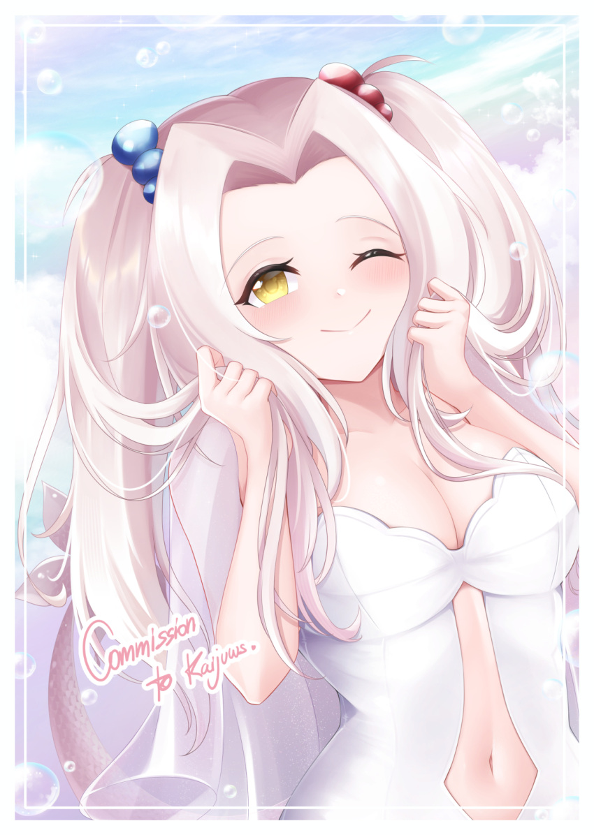 1girl blush breasts bubble cleavage clothing_cutout commission dress grey_hair hair_ornament highres long_hair navel navel_cutout one_eye_closed original rika_ryne sky smile solo tail twintails vgen_commission white_dress yellow_eyes