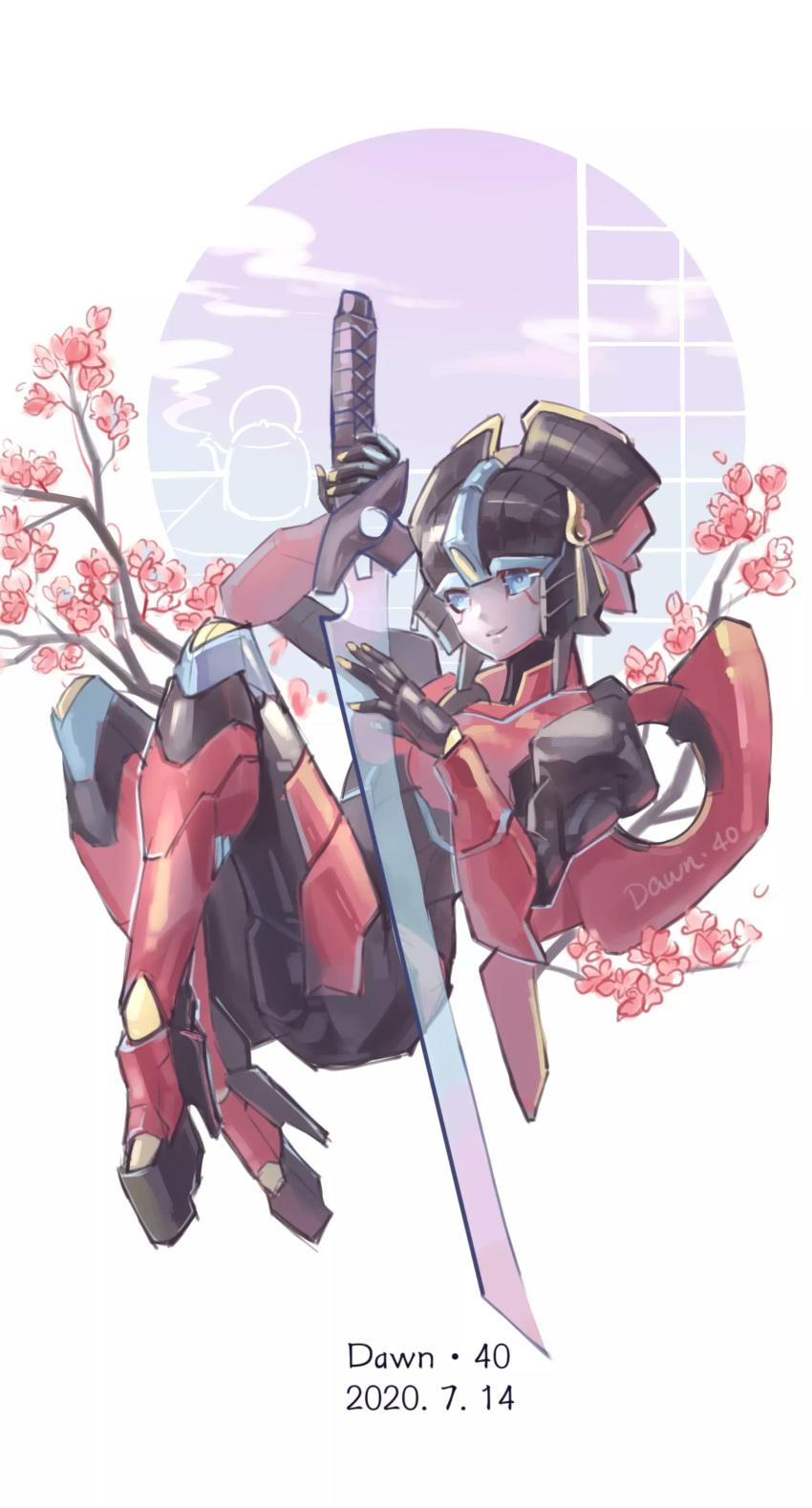 1girl 2020 absurdres azuredawn40 blue_eyes breasts cherry_blossoms flame_toys flame_toys_windblade high_heels highres humanoid_robot mechanical_wings medium_breasts robot robot_girl solo sword transformers weapon windblade wings