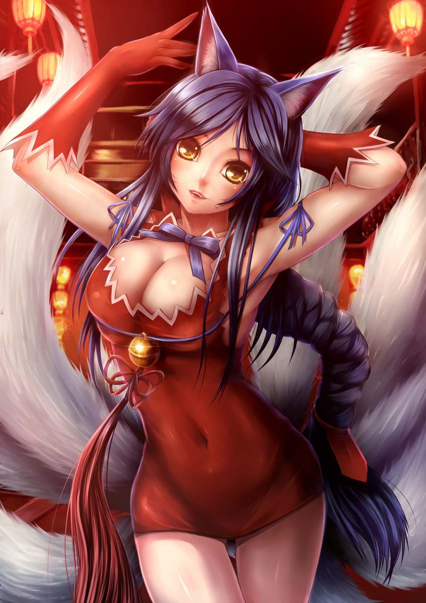 ahri animal_ears cleavage cosplay dress dungeon_ni_deai_wo_motomeru_no_wa_machigatteiru_darou_ka hestia_(dungeon) kitsune league_of_legends no_bra tagme tail