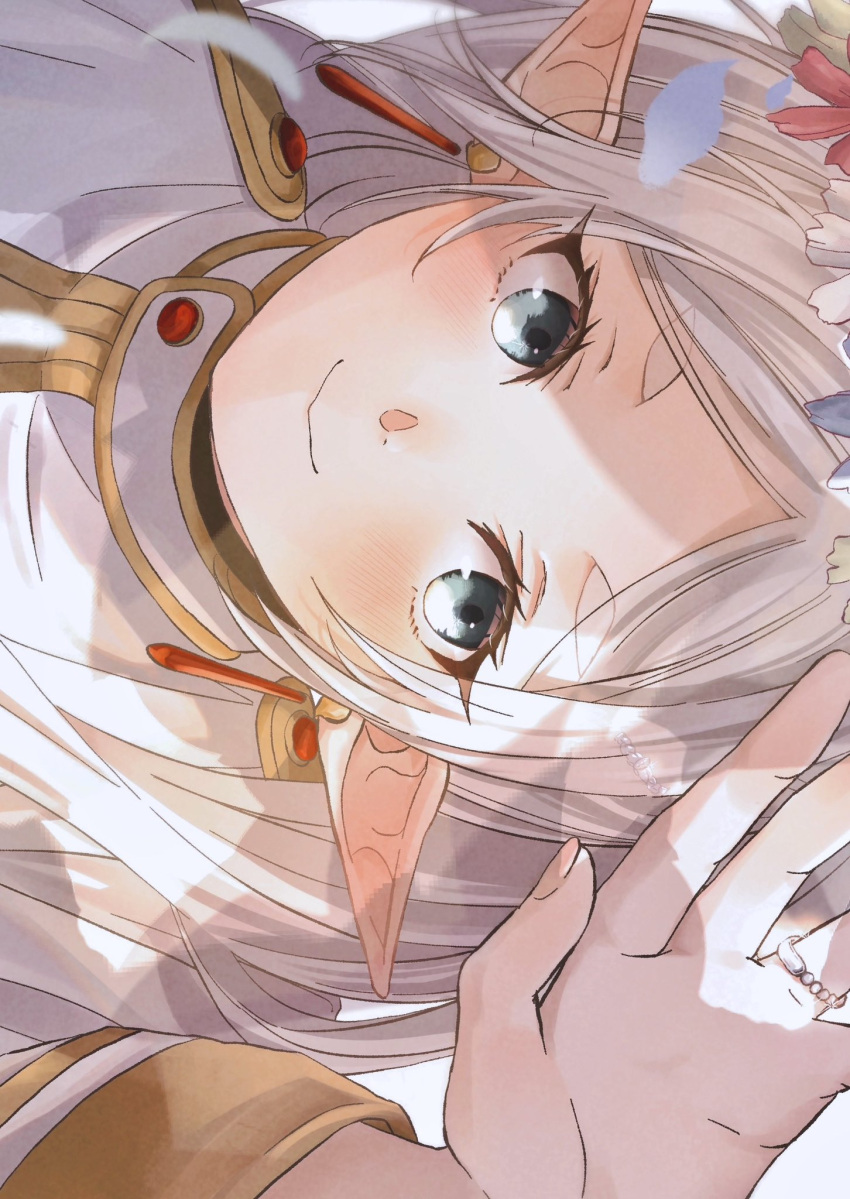 1girl arm_up blush capelet close-up commentary_request dangle_earrings dappled_sunlight earrings elf frieren gold_trim green_eyes hand_up highres jewelry omichi_1219 parted_lips pointy_ears ring short_eyebrows smile solo sousou_no_frieren sunlight thick_eyebrows white_capelet