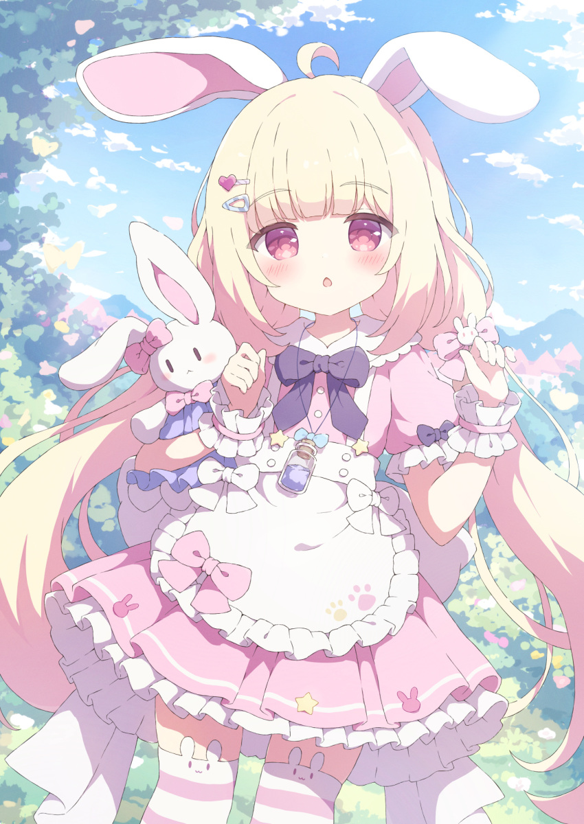 1girl :o animal_ears blonde_hair commission cowboy_shot dress highres low_twintails original outdoors pink_dress rabbit_ears rabbit_girl red_eyes skeb_commission smile striped_clothes striped_thighhighs stuffed_animal stuffed_toy thighhighs twintails tyakomes