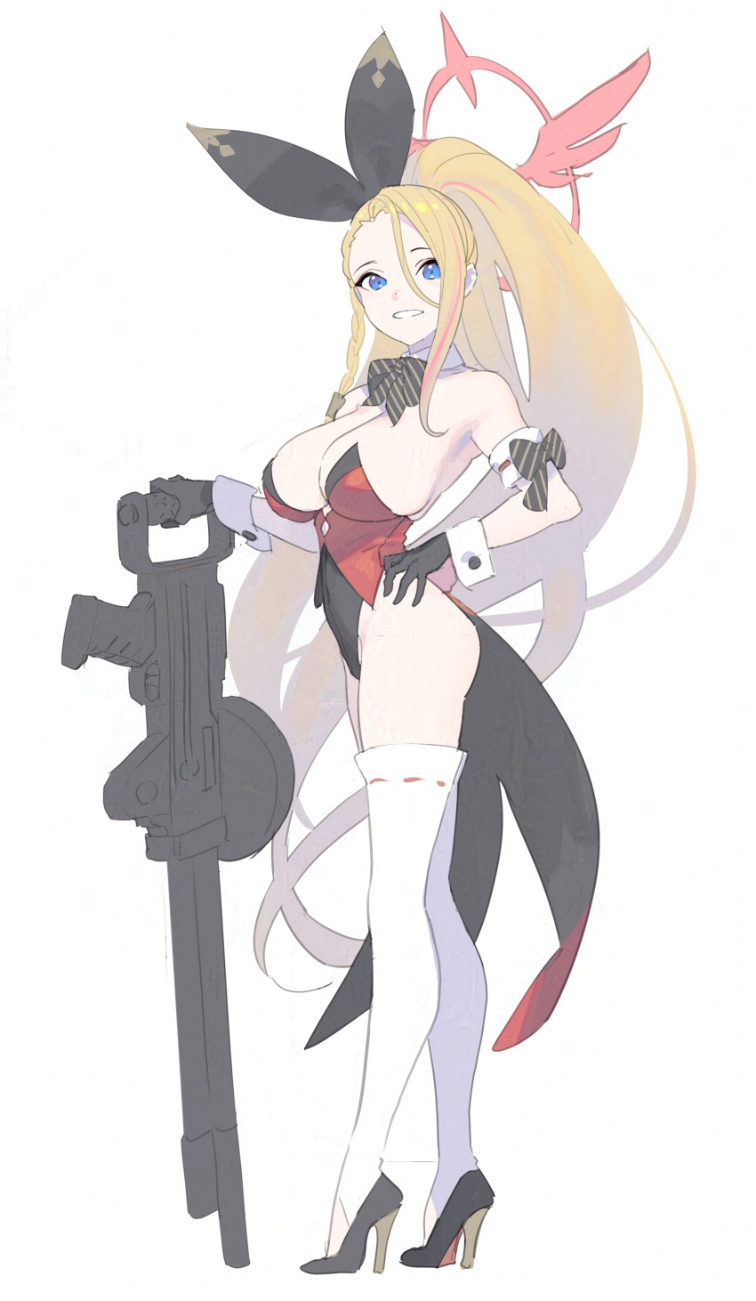 absurdres blonde_hair blue_archive blue_eyes boots breasts detached_collar enkyo_yuuichirou gloves grin gun halo high_heel_boots high_heels highres large_breasts leotard lewis_gun long_hair machine_gun pina_(blue_archive) playboy_bunny ponytail smile strapless strapless_leotard thigh_boots weapon wrist_cuffs