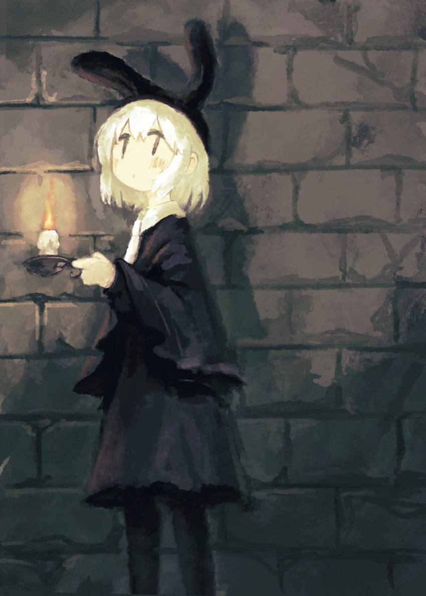 1girl animal_ears black_dress black_pantyhose brick_wall candle closed_mouth commentary_request dress fake_animal_ears feet_out_of_frame hand_up highres holding holding_candle kezuru long_sleeves looking_to_the_side original pantyhose rabbit_ears short_hair solo standing white_hair |_|