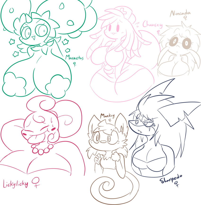 anthro big_breasts breasts chansey clothed clothing cloud female generation_1_pokemon generation_3_pokemon generation_4_pokemon generation_5_pokemon group hair hi_res huge_breasts lewdchuu_(artist) lickilicky mankey maractus monochrome nincada nintendo pokemon pokemon_(species) sharpedo sketch tongue