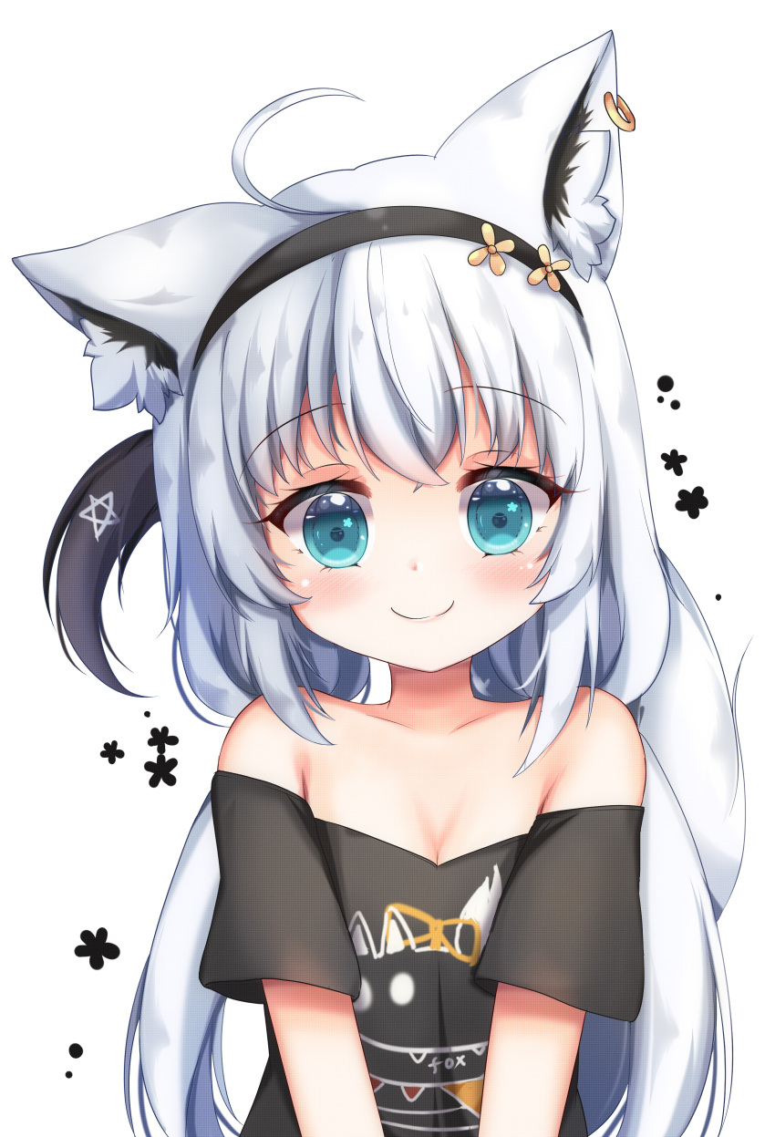 1girl absurdres age_regression aged_down ahoge animal_ear_fluff animal_ears bare_shoulders black_hairband black_shirt blush braid breasts cleavage collarbone commentary_request earrings fox_ears fox_girl fox_tail grandapple71 green_eyes hair_between_eyes hairband highres hololive jewelry long_hair looking_at_viewer pentagram shirakami_fubuki shirakami_fubuki_(7th_costume) shirt short_sleeves sidelocks simple_background single_braid smile solo tail virtual_youtuber white_background white_hair