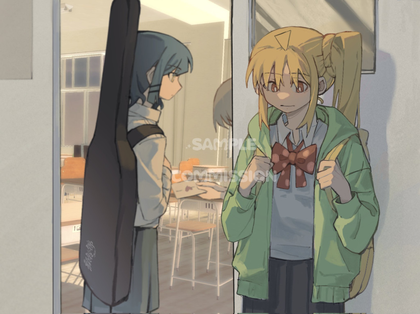 1boy 2girls ahoge backpack bag black_skirt blonde_hair blue_hair bocchi_the_rock! bow bowtie bright_pupils chinese_commentary classroom closed_mouth collared_shirt commentary_request confession green_jacket guitar_case hair_ornament hairclip highres ijichi_nijika indoors instrument_case jacket long_hair love_letter medium_hair multiple_girls orange_eyes pleated_skirt polka_dot_bowtie red_bow red_bowtie shadow shirt side_ponytail skirt white_pupils white_shirt yamada_ryo yanlingjinshilihuahua