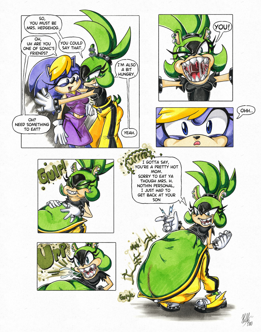 anthro archie_comics belly bernadette_hedgehog big_belly burping comic dialogue duo english_text female female/female hi_res idw_publishing killboo oral_vore same_size_vore sega sonic_the_hedgehog_(archie) sonic_the_hedgehog_(comics) sonic_the_hedgehog_(idw) sonic_the_hedgehog_(series) speech_bubble surge_the_tenrec text vore