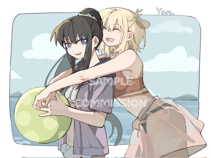 2girls ball beach beachball bikini black_hair blonde_hair blue_bikini blue_sky bright_pupils chinese_commentary closed_eyes cloud commentary_request frilled_bikini frills highres holding holding_ball holding_beachball horizon hug hug_from_behind inoue_takina jacket long_hair looking_at_viewer lycoris_recoil medium_hair multiple_girls nishikigi_chisato ocean one_side_up open_clothes open_jacket open_mouth orange_bikini outdoors parted_lips ponytail purple_eyes purple_jacket short_sleeves sky smile swimsuit white_pupils yanlingjinshilihuahua