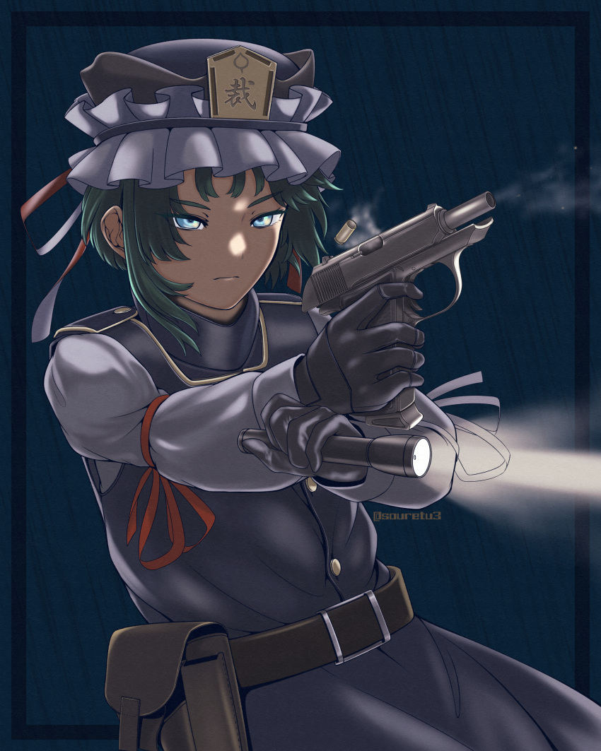 1girl absurdres asymmetrical_hair belt black_gloves blue_eyes collared_vest dim_lighting flashlight frilled_hat frills gloves green_hair gun handgun hat highres holding holding_gun holding_weapon holster shiki_eiki sleeve_bow solo soretsu_nitohei touhou vest walther walther_ppk weapon