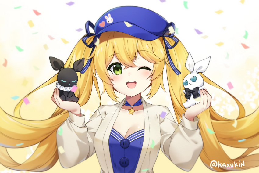 1girl ;d blonde_hair blue_dress blue_headwear blue_ribbon blush breasts brown_background brown_jacket button_eyes cabbie_hat cleavage collarbone commentary confetti dokibird_(vtuber) dress english_commentary floating_hair gradient_background green_eyes hair_between_eyes hair_ribbon hands_up hat highres holding indie_virtual_youtuber jacket kaxukin long_hair long_sleeves looking_at_viewer medium_breasts one_eye_closed open_clothes open_jacket puffy_long_sleeves puffy_sleeves ribbon round_teeth smile solo star_(symbol) striped_ribbon teeth twintails twitter_username upper_body upper_teeth_only very_long_hair white_background