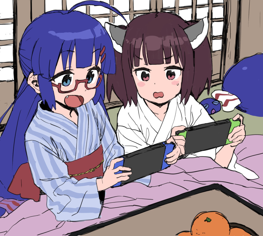 2girls alternate_costume blue_eyes blue_hair blush brown_hair fang food frown fruit glasses handheld_game_console hat highres holding holding_handheld_game_console indoors japanese_clothes kimono kotatsu long_hair long_sleeves looking_at_screen mandarin_orange medium_hair multiple_girls nintendo_switch obi obijime on_floor open_mouth otomachi_una pink_eyes playing_games red-framed_eyewear sadamoto_hokuto sash shouji sitting sliding_doors smile striped_clothes striped_kimono sweatdrop table touhoku_kiritan twintails under_kotatsu under_table unworn_hat unworn_headwear upper_body v-shaped_eyebrows vocaloid voiceroid white_kimono wide_sleeves yukata