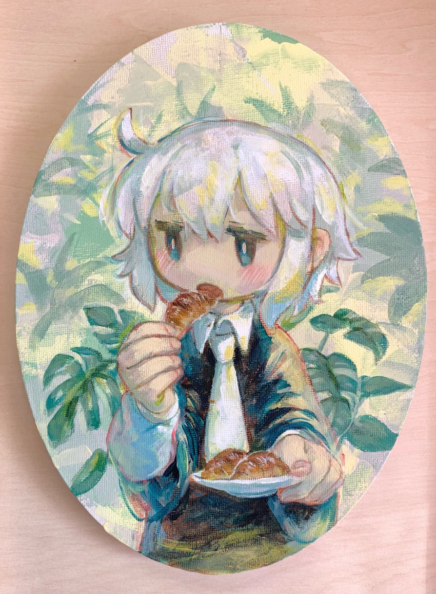 1girl blush bright_pupils cowlick croissant eating food grey_hair hands_up highres holding holding_food holding_plate jitome kezuru long_sleeves medium_hair necktie no_sclera open_mouth original painting_(medium) plant plate solo traditional_media upper_body white_necktie white_pupils