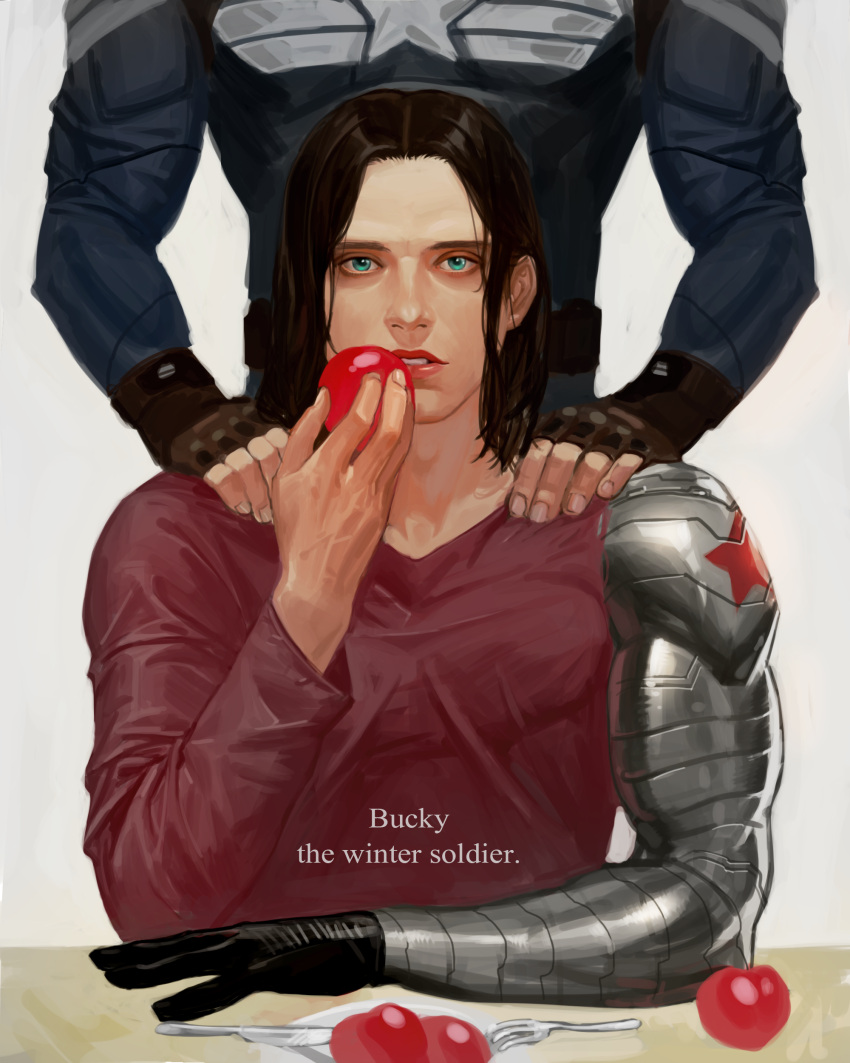 2boys absurdres an_kyoung apple black_hair blue_eyes blue_jacket brown_gloves captain_america captain_america:_the_winter_soldier captain_america_(series) character_name copyright_name fingernails food fruit gloves hands_on_another's_shoulders highres holding holding_food holding_fruit jacket james_buchanan_barnes long_sleeves looking_at_viewer male_focus marvel marvel_cinematic_universe multiple_boys parted_lips prosthesis prosthetic_arm red_shirt shirt short_hair white_background