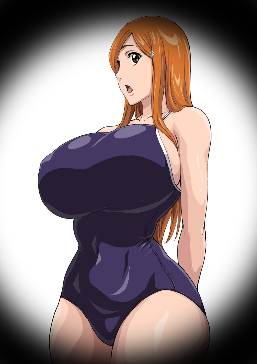 1girl bare_arms bare_shoulders bleach bleach:_sennen_kessen-hen blue_one-piece_swimsuit blush breasts brown_eyes hair_ornament hairpin highres huge_breasts inoue_orihime iwao178 long_hair one-piece_swimsuit open_mouth orange_hair parted_bangs school_swimsuit shiny_clothes simple_background solo swimsuit thighs white_background