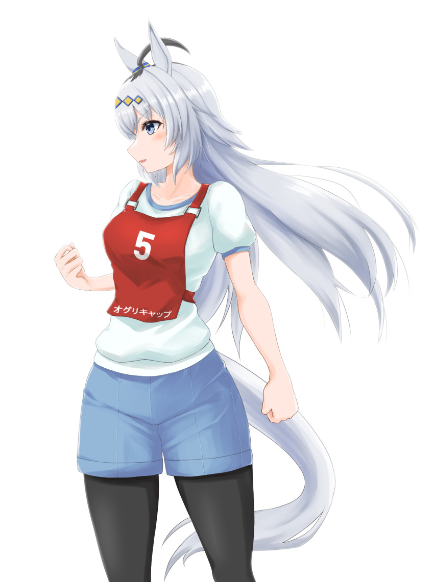 1girl ahoge animal_ears black_pantyhose blue_eyes blue_shorts character_name clenched_hand commentary cowboy_shot ear_ornament grey_hair gym_shirt gym_shorts gym_uniform hair_ornament highres horse_ears horse_girl horse_tail kemuri_(etep3372) long_hair looking_to_the_side oguri_cap_(umamusume) open_mouth pantyhose pantyhose_under_shorts race_bib shirt short_sleeves shorts simple_background solo standing t-shirt tail translated umamusume white_background white_shirt wind