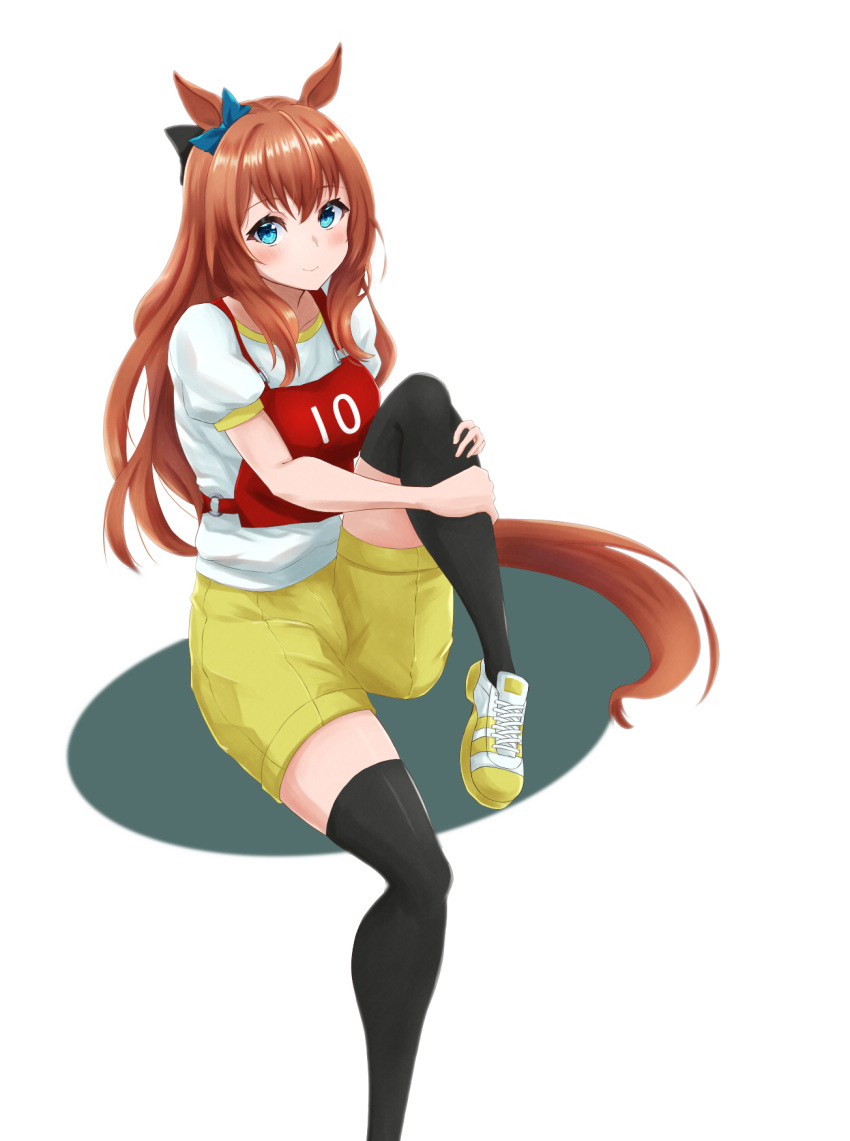 1girl animal_ears black_bow black_thighhighs blue_eyes bow brown_hair closed_mouth commentary ear_ribbon gym_shirt gym_shorts gym_uniform hair_bow highres horse_ears horse_girl horse_tail hugging_own_legs kemuri_(etep3372) knee_up long_hair looking_at_viewer maruzensky_(umamusume) race_bib shirt shoes short_sleeves shorts simple_background sitting smile sneakers solo t-shirt tail thighhighs umamusume white_background white_shirt yellow_footwear yellow_shorts