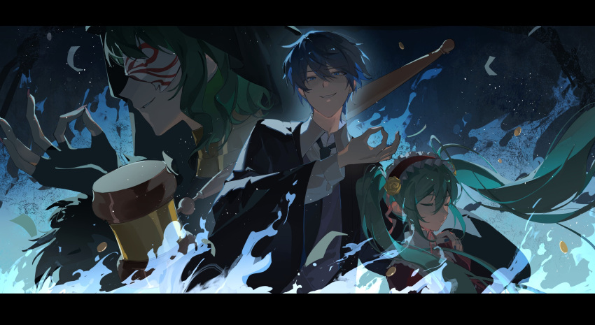 absurdres akutoku_no_judgement_(vocaloid) aqua_hair banknote black_cape black_cloak blue_background blue_eyes blue_fire blue_hair blue_nails blue_necktie blue_theme cape cloak closed_eyes closed_mouth coin collared_dress collared_shirt covered_eyes curly_hair dorkyhuzzz dress embers evil_grin evil_smile evillious_nendaiki father_and_daughter fiery_background fingerless_gloves fingernails fire flower flower_hairband flying_paper frilled_hairband frills fur-trimmed_cape fur_trim gallerian_marlon gavel gloves gold_coin green_hair grin gumi gumillia hair_flower hair_ornament hairband hatsune_miku highres hood hood_up hooded_cape judge kaito_(vocaloid) lolita_hairband long_fingernails long_hair mask michelle_marlon money money_gesture necktie paper parted_lips pink_dress pink_hairband puffy_sleeves red_nails rose shirt sidelocks sleeping smile twintails very_long_hair vocaloid wavy_hair yellow_flower yellow_rose