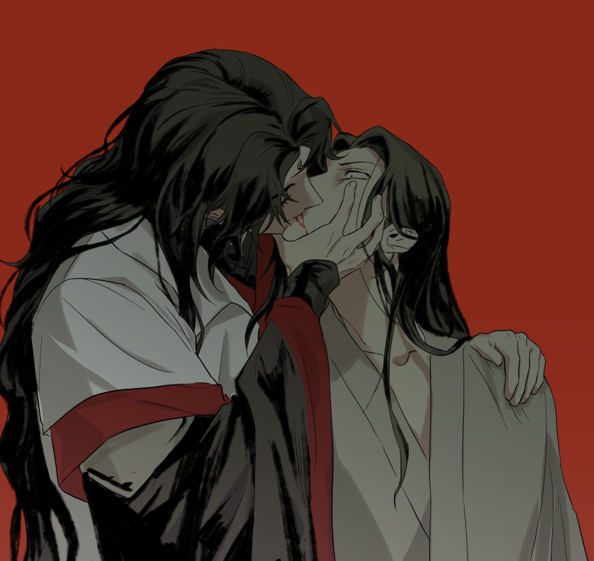 2boys alternate_universe black_hair black_robe blood blood_from_mouth chinese_clothes closed_eyes face_grab facial_mark forehead_mark hand_on_another's_face hand_on_another's_shoulder highres kiss korean_commentary layered_sleeves light_smile long_hair luo_binghe male_focus multiple_boys muted_color qwert021600 red_background renzha_fanpai_zijiu_xitong robe scared shen_qingqiu simple_background translated upper_body wavy_hair white_robe yaoi
