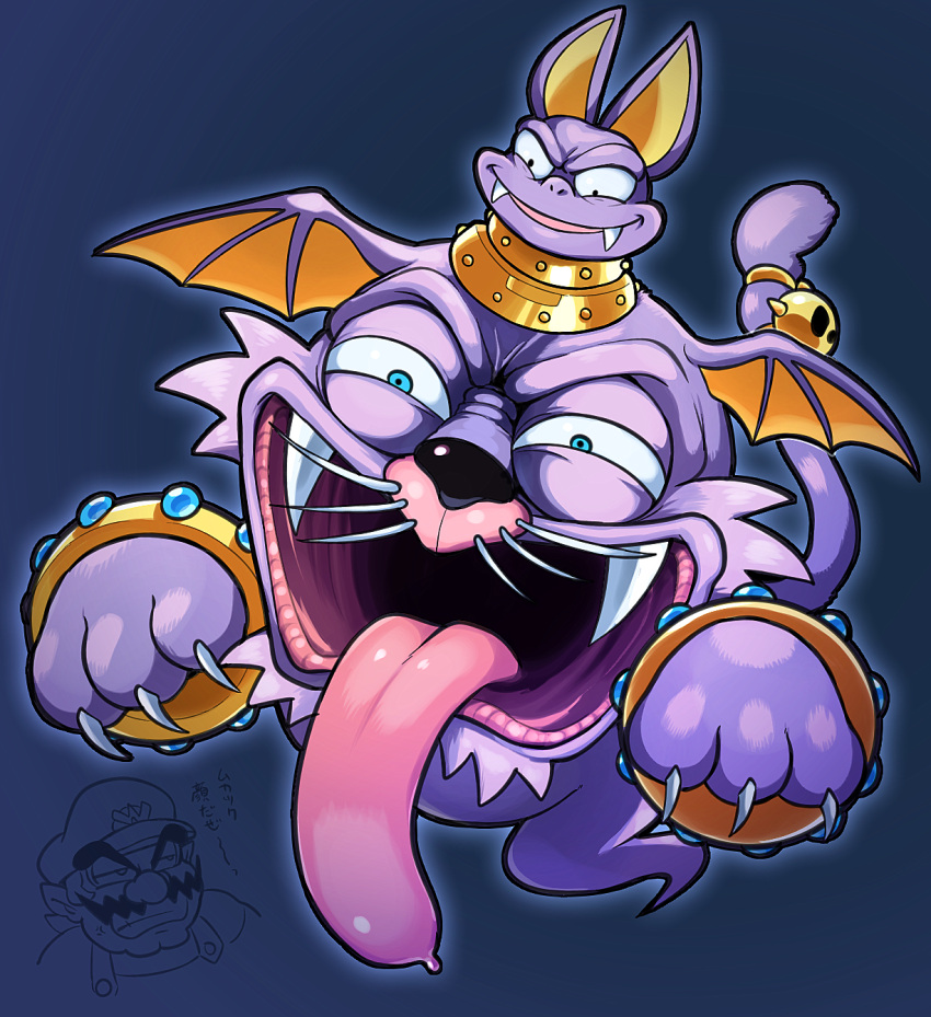 1boy animal_ears bat_(animal) bat_ears bat_wings blue_eyes bracelet cat cat_tail catbat_(wario_land) claws facial_hair fangs ghost_tail gold_bracelet highres hoshi_(star-name2000) jewelry monster mustache open_mouth purple_fur tail tongue tongue_out wario wario_land wario_land_4 wings