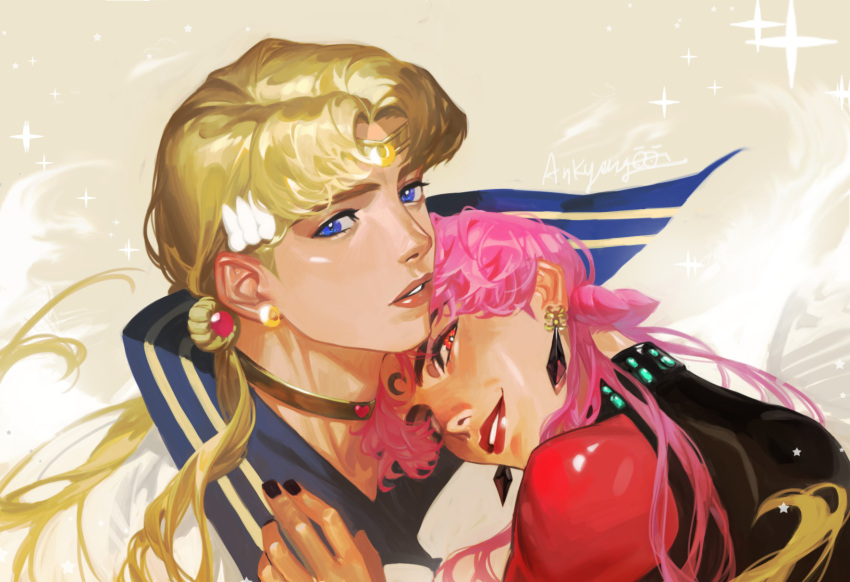 2boys an_kyoung bishoujo_senshi_sailor_moon black_lady black_nails blue_eyes earrings genderswap genderswap_(ftm) grey_background highres jewelry lipstick long_hair looking_at_viewer makeup multiple_boys parted_lips pink_hair red_lips sailor_moon signature sparkle tsukino_usagi twintails