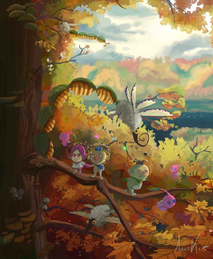 1girl 2boys :o absurdres alph_(pikmin) ani_(puniper) autumn autumn_leaves big_nose black_eyes blue_eyes blue_gloves blue_hair brittany_(pikmin) brown_hair bug charlie_(pikmin) clenched_hand cloud cloudy_sky colored_skin commentary day dragonfly english_commentary facial_hair flying gauge glasses gloves green_gloves helmet highres holding_hands in_tree insect_wings lake leaf looking_ahead mini_person miniboy minigirl miniskirt mohawk multiple_boys multiple_wings mustache nectarous_dandelfly open_mouth outstretched_arms pikmin_(creature) pikmin_(series) pikmin_3 pink_gloves pink_hair pink_skin pointy_ears pointy_nose radio_antenna red-framed_eyewear short_hair signature skirt sky solid_circle_eyes space_helmet spacesuit standing_on_branch tree triangular_eyewear very_short_hair walking whistle winged_pikmin wings