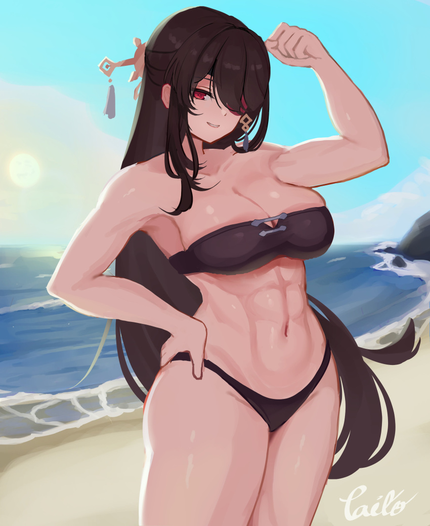 1girl absurdres arm_up bandeau beach beidou_(genshin_impact) bikini black_bikini black_hair breasts cleavage commentary commission cowboy_shot eyepatch genshin_impact grin hair_ornament hair_stick highres large_breasts long_hair looking_at_viewer navel outdoors red_eyes smile solo standing stomach strapless strapless_bikini swimsuit taiko_bo thighs tube_top very_long_hair