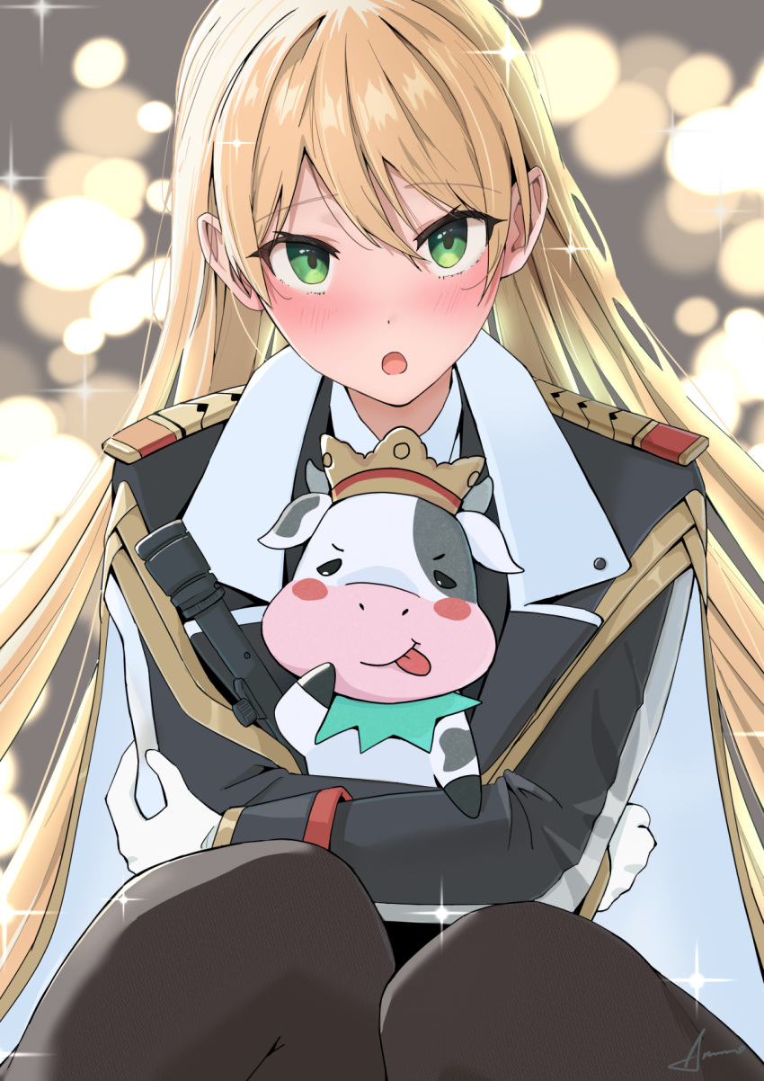 ammo21204760 blonde_hair blurry blurry_background blush bull commission commissioner_upload crown epaulettes girls'_frontline gloves green_eyes highres hug long_hair looking_at_viewer military_uniform non-web_source open_mouth skeb_commission smile stg44_(girls'_frontline) stg44_(mod3)_(girls'_frontline) stuffed_animal stuffed_bull stuffed_toy thighhighs tongue tongue_out uniform very_long_hair white_gloves