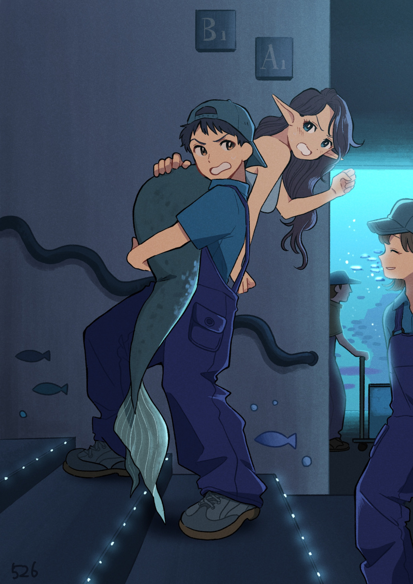 2boys 2girls absurdres angry aquarium ass ass_grab backwards_hat baseball_cap black_hair blue_eyes blue_footwear blue_overalls blue_shirt blush breasts brown_eyes brown_hair carrying carrying_over_shoulder carrying_person closed_eyes fish full_body green_headwear hat highres indoors kojiro337 large_breasts long_hair mermaid monster_girl multiple_boys multiple_girls open_mouth original overalls pointy_ears shirt shoes short_hair short_sleeves sneakers stairs tail water window