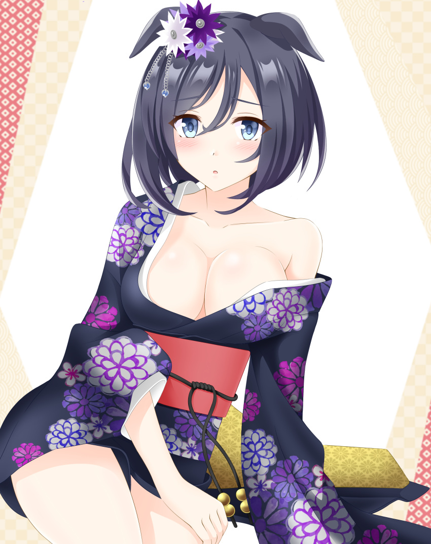 1girl absurdres alternate_costume animal_ears black_hair blush breasts cleavage collarbone commentary_request ear_ornament ears_down eishin_flash_(umamusume) floral_print_kimono gurukorian hair_between_eyes highres horse_ears horse_girl horse_tail japanese_clothes kimono large_breasts looking_at_viewer obi open_mouth print_background purple_kimono sash short_hair single_bare_shoulder sitting solo tail umamusume