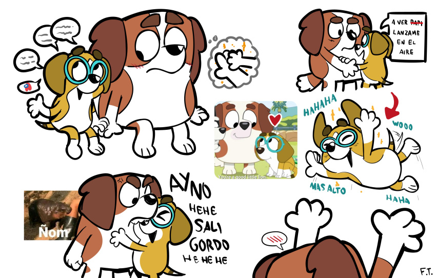 absurd_res anthro beagle bluey_(series) brown_body brown_fur canid canine canis domestic_dog duo eyewear felestrist female fur glasses hercules_(bluey) hi_res honey_(bluey) hunting_dog male male/female mammal molosser mountain_dog saint_bernard scent_hound ship spanish_text text vehicle watercraft white_body white_fur yellow_body yellow_fur