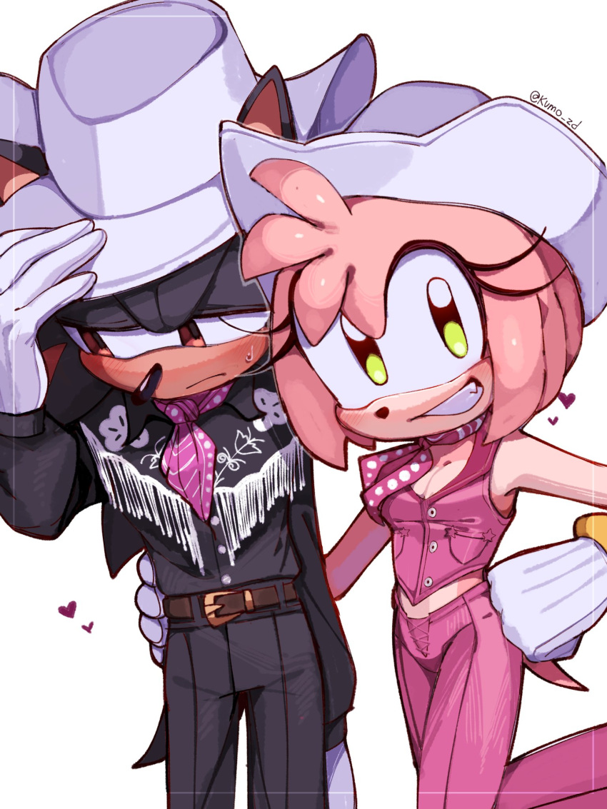 1boy 1girl amy_rose animal_ears barbie_(character) barbie_(character)_(cosplay) barbie_(franchise) barbie_(live_action) belt black_fur black_pants breasts brown_belt cleavage cosplay cowboy_hat furry furry_female furry_male gloves green_eyes grin hand_around_waist hand_on_headwear hand_on_own_hip hat heart highres ken_(barbie) ken_(barbie)_(cosplay) kumo_zd looking_at_viewer neckerchief pants pink_fur pink_neckerchief pink_pants pink_shirt red_eyes shadow_the_hedgehog shirt simple_background sleeveless sleeveless_shirt smile teeth white_background white_gloves white_headwear