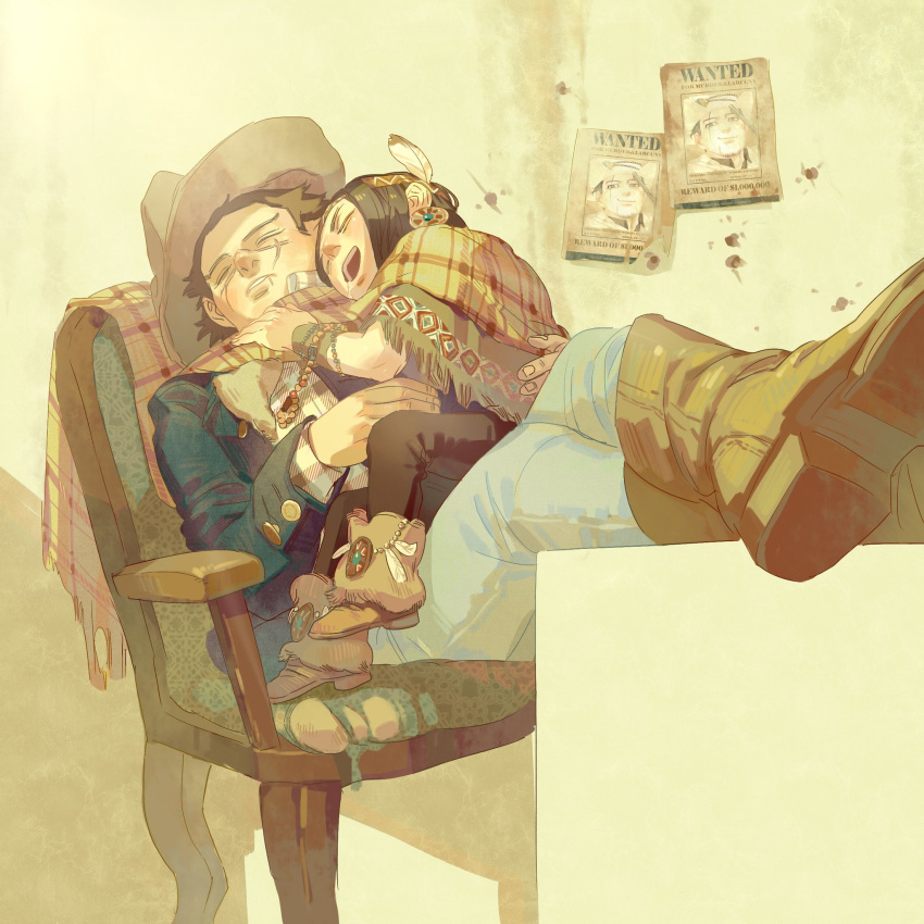 1boy 1girl alternate_universe asirpa blue_jacket blue_pants boots brown_footwear brown_hair brown_headwear brown_pants bullet_hole chair chengongzi123 child closed_eyes cowboy cowboy_shot cowboy_western crossed_legs drooling earrings english_commentary facing_viewer full_body golden_kamuy headband highres indoors jacket jewelry legs_up long_hair long_sleeves lying lying_on_person native_american ogata_hyakunosuke on_side open_mouth pants parted_lips plaid plaid_scarf poncho poster_(object) scar scar_on_face scarf short_hair sitting sleeping sugimoto_saichi wanted yellow_background