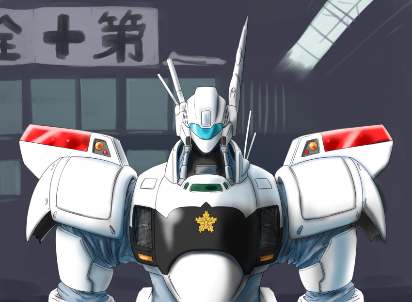 alphonse_(av-98_ingram) av-98_ingram cockpit commentary_request hangar kidou_keisatsu_patlabor light looking_at_viewer mecha niiyan no_humans police police_badge radio_antenna robot science_fiction sketch translation_request upper_body window