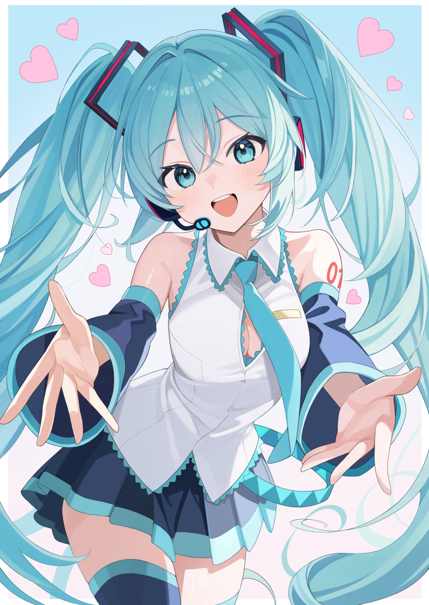 1girl absurdres arm_tattoo bare_shoulders black_skirt black_sleeves black_thighhighs blue_eyes blue_hair blue_necktie border breasts button_gap collared_shirt crossed_bangs detached_sleeves fading_border gradient_background hair_between_eyes hair_ornament hatsune_miku headphones headset heart highres light_blush long_hair looking_at_viewer medium_breasts microphone miniskirt necktie number_tattoo open_hands open_mouth outstretched_arms pipipipyu pleated_skirt reaching reaching_towards_viewer shirt skirt sleeveless sleeveless_shirt smile solo tattoo teeth thighhighs twintails upper_teeth_only very_long_hair vocaloid white_shirt wide_sleeves