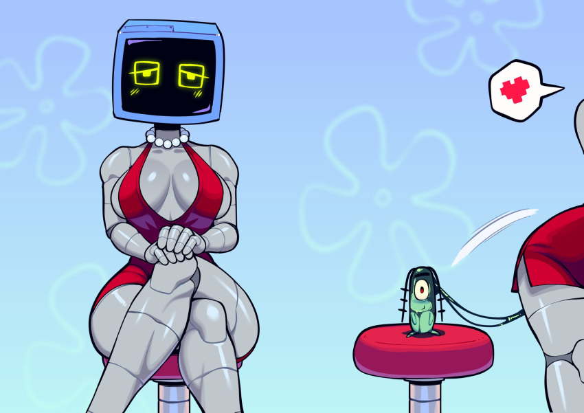 &lt;3 ambiguous_fluids ambiguous_penetration arthropod blush bodily_fluids breasts butter_sugoi clothed clothing copepod crossed_legs crustacean dildo dildo_sitting dildo_sitting_reveal dress duo female for_a_head gem grey_body hi_res humanoid jewelry karen_plankton machine male male/female marine masturbation maxillopod necklace nickelodeon object_head pearl_(gem) pearl_necklace penetration plankton_(species) robot robot_humanoid screen screen_face screen_head sex_toy sheldon_j._plankton speech_bubble spongebob_squarepants thick_thighs toying_self vore