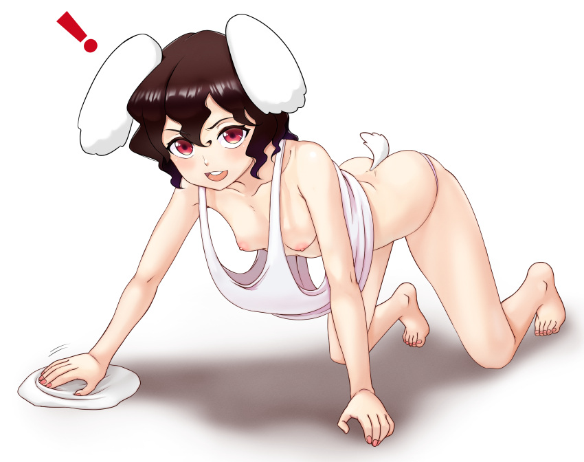 ! 1girl absurdres accidental_exposure all_fours alternate_costume animal_ears barefoot big_mouse blush breast_slip breasts brown_hair cleaning commentary fingernails floppy_ears full_body hair_between_eyes highres inaba_tewi looking_at_viewer medium_bangs nail_polish nipples open_mouth panties pink_nails pink_panties rabbit_ears rabbit_girl rabbit_tail rag red_eyes round_teeth short_hair simple_background small_breasts smile solo symbol-only_commentary tail tank_top teeth toenail_polish toenails touhou underwear upper_teeth_only wavy_hair white_background white_tank_top