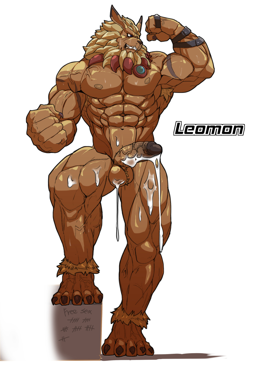 abs absurd_res anthro armpit_hair asiahao520 balls bandai_namco biceps bodily_fluids body_hair cum digimon digimon_(species) felid genital_fluids genitals hi_res leomon lion male mammal muscular muscular_anthro muscular_male nipples pantherine pecs penis scar solo vein veiny_muscles veiny_penis