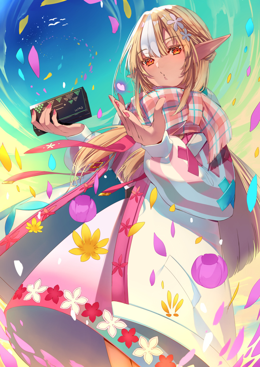 1girl absurdres blonde_hair blue_sky dark-skinned_female dark_skin dress flower hair_flower hair_ornament highres hololive jacket long_hair looking_at_viewer nail_polish official_alternate_costume petals pink_dress pink_nails pink_scarf pointy_ears red_eyes scarf shiranui_flare shiranui_flare_(4th_costume) sky striped_clothes virtual_youtuber white_hair white_jacket yuutarou_(fukiiincho)