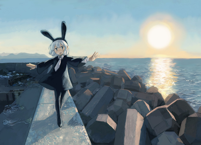 1girl animal_ears balancing black_dress black_pantyhose bright_pupils collared_dress commentary dress fake_animal_ears grey_hair highres hill horizon kezuru ladder long_sleeves looking_at_viewer necktie no_sclera ocean open_mouth original outdoors outstretched_arms pantyhose rabbit_ears rope sky smile solo spread_arms sun tetrapod water white_necktie white_pupils wide_sleeves