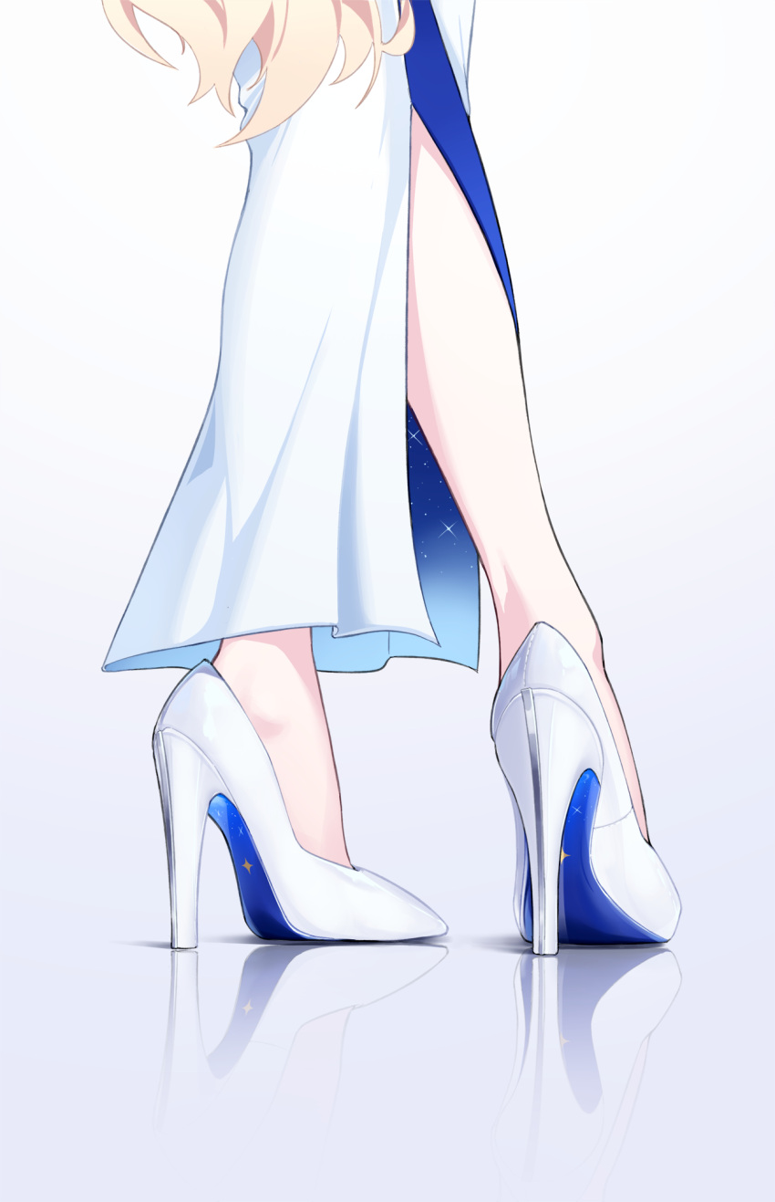 1girl ayumu_(blue_archive) blue_archive dress gensui_hime gradient_background head_out_of_frame high_heels highres kneepits legs reflective_floor solo white_dress white_footwear